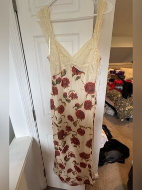 Blue Blush Cream Slip Dress with Red Floral Accents